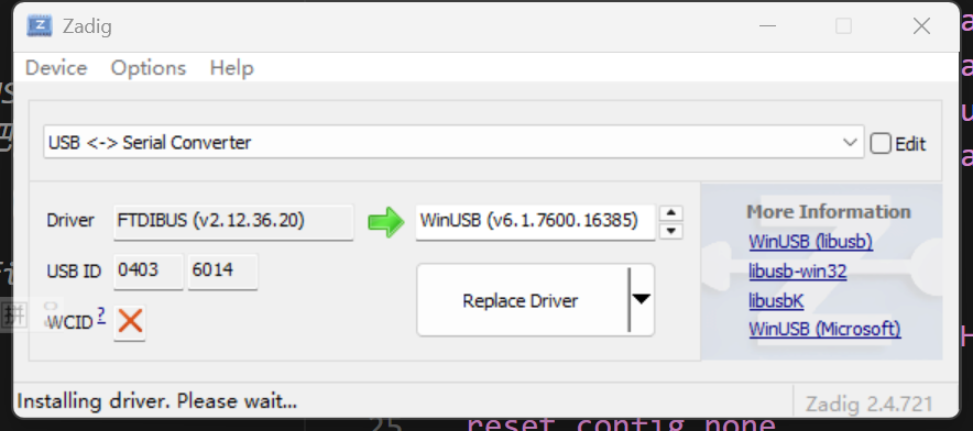 Zadig replacing FTDIBUS with WinUSB for FT232H, USB ID 0403 6014