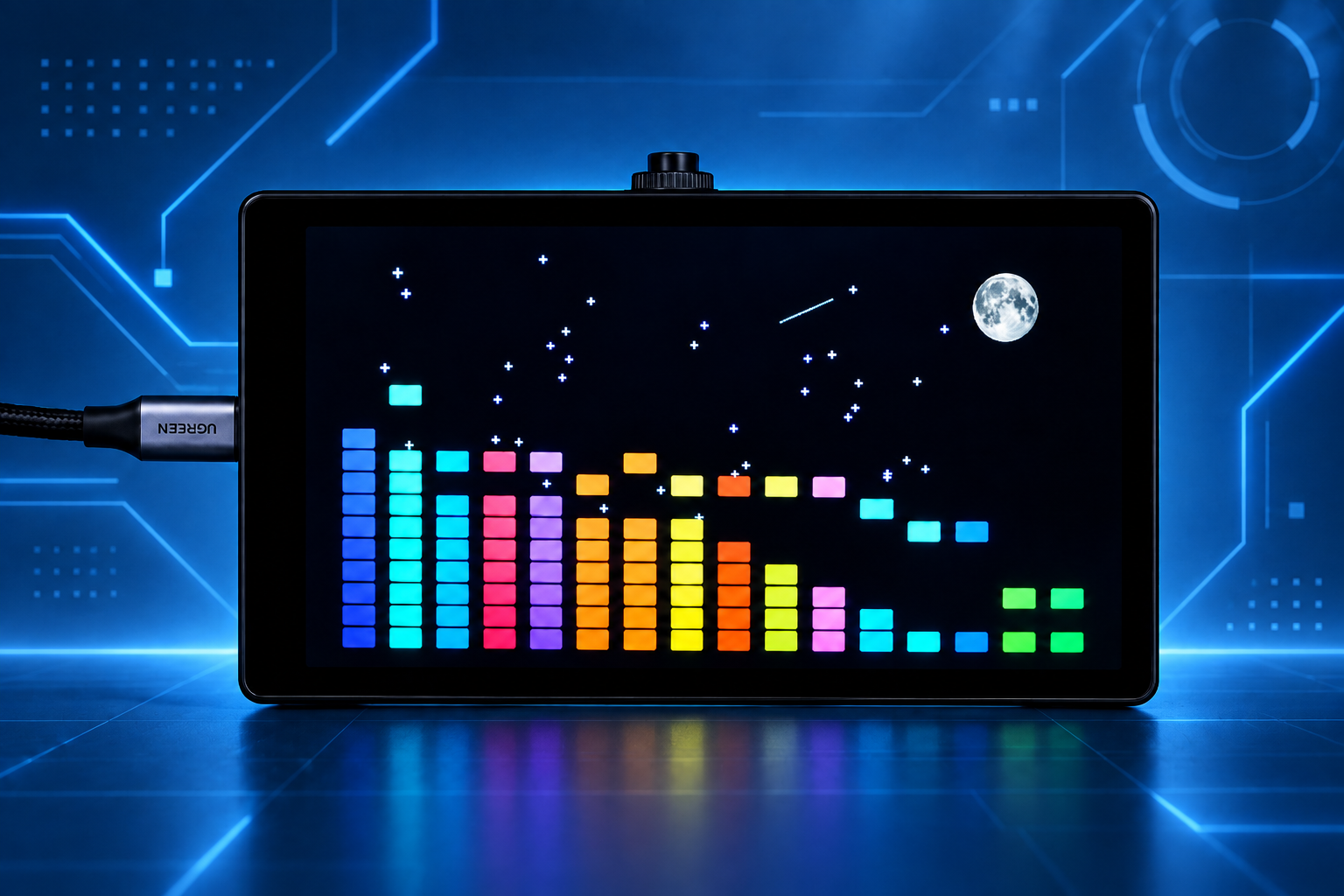 ArtInChip D125 speaker with a landscape display showing colorful visualization bars against a starry background, with a knob on top of the enclosure