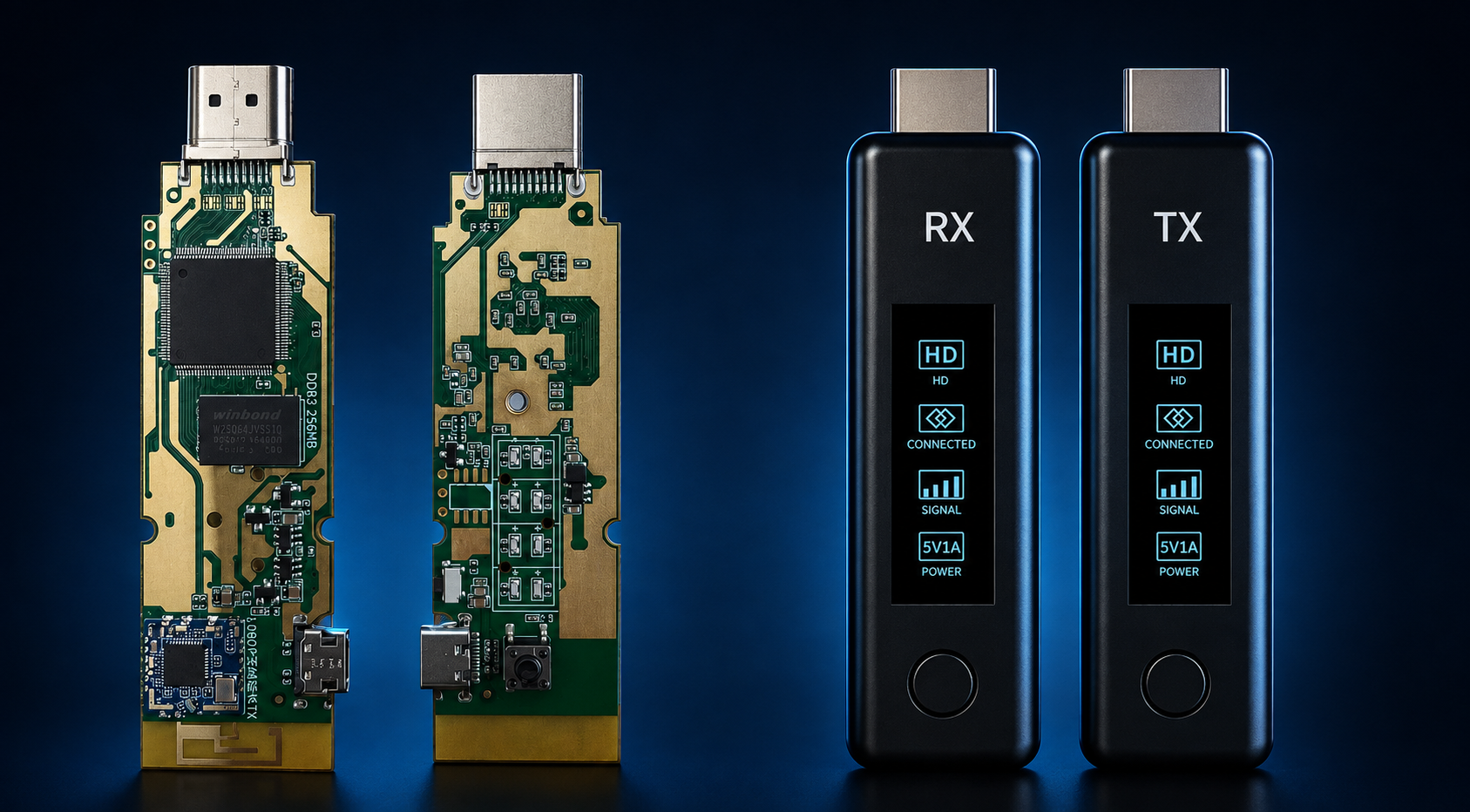 HD 接口 RX / TX 灯效显示款：PCB 与成品对照