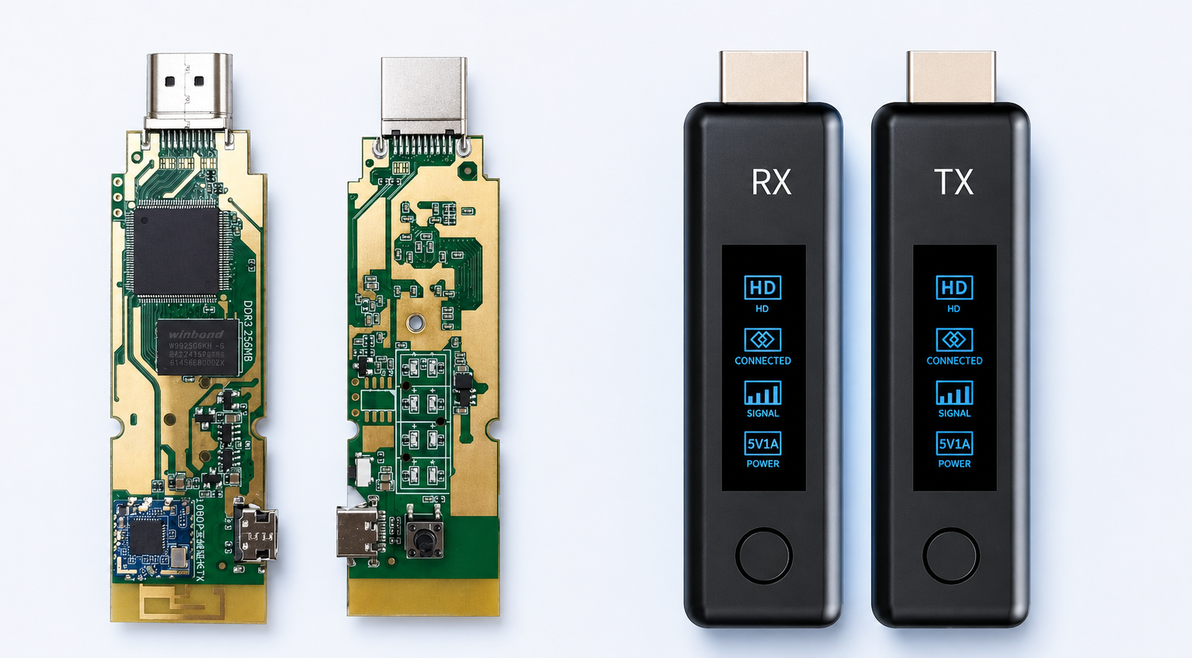 HD 接口 RX / TX 灯效显示款：PCB 与成品对照