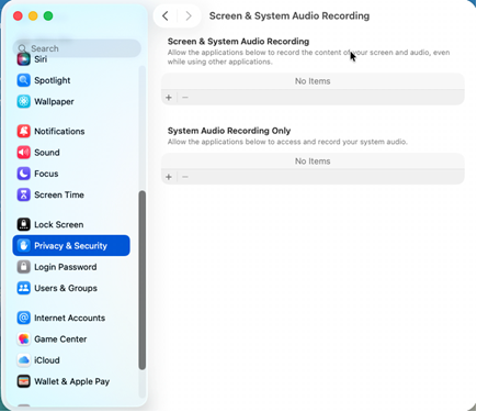 Screen & System Audio Recording permission panel