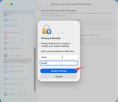 Enter password and confirm Modify Settings